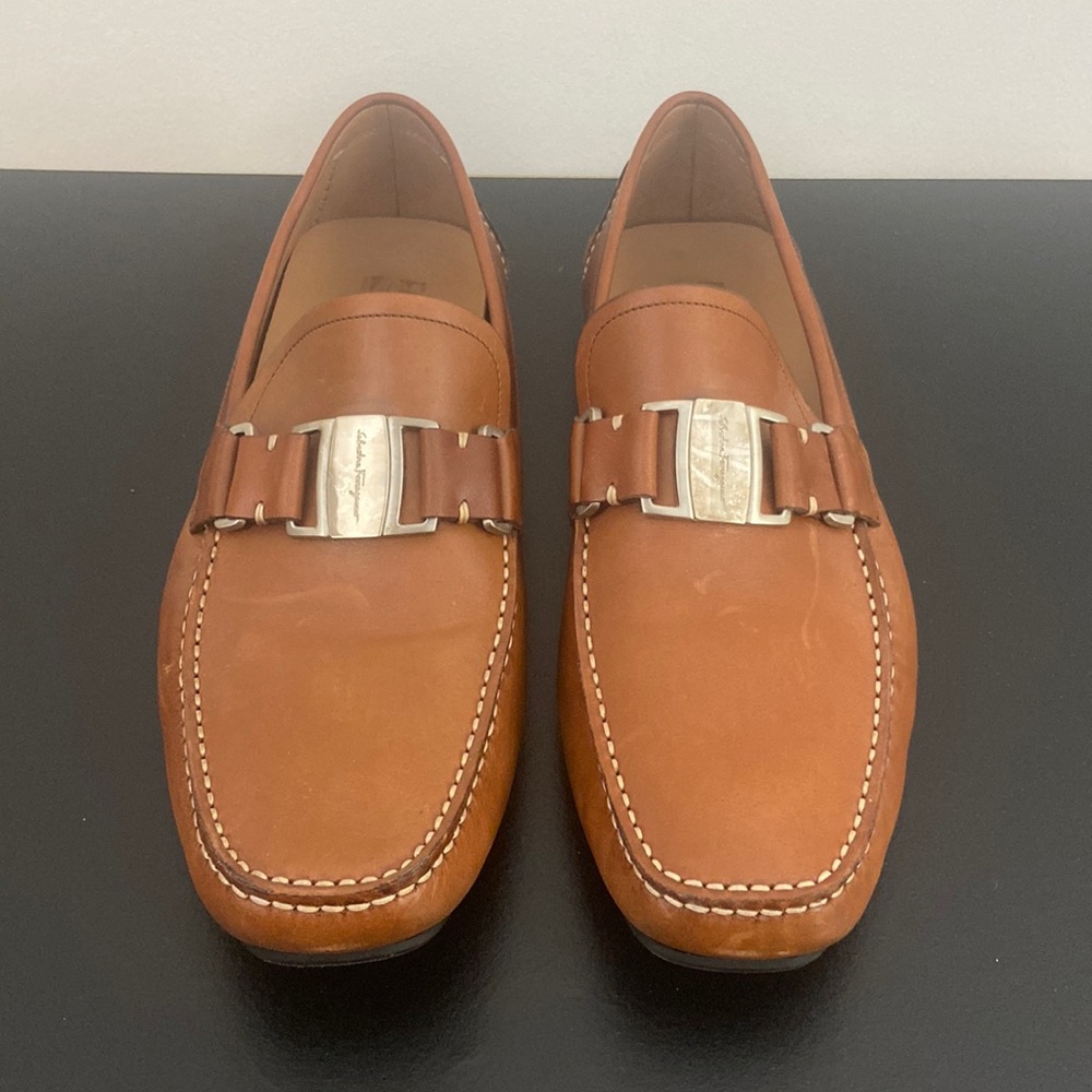 Salvatore Ferragamo Drivers; brown, mens size 10; NEVER BEFORE WORN.